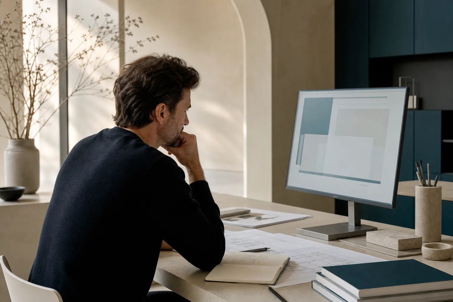 Digitale strateeg geconcentreerd aan het werk in een rustige studio