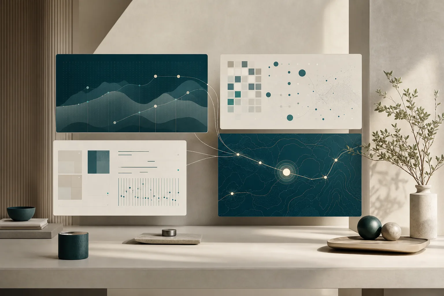 Rustige digitale interface met verbonden informatielagen